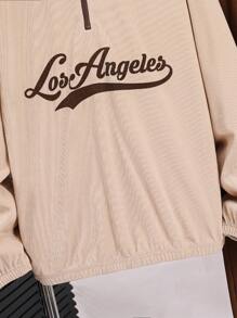 2pcs/Set Tween Boys' Casual Daily Letter Print Pattern Stand Collar Half-Zip Pullover Long Sleeve Top And Solid Color Drawstring Pants Woven 2 Pieces Outfit, Suitable For School, Garden, Beach, Birthday, Spring, Summer, Autumn, Winter