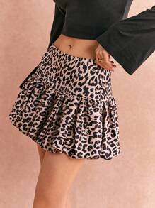 Poéselle Women's Short Leopard Print Peplum Puff Skirt,2024 AW, Winter Clothes,Sexy Women Outfits,Sexy Party Skirt,Leopard Mini Skirt,Leopard Costume