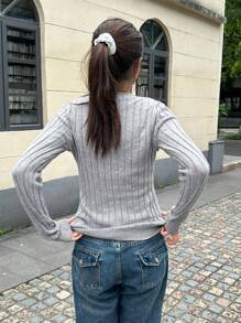 SHEIN EZwear 女士休闲纯色修身长袖毛衣，秋季 - 灰色 - 查看 2