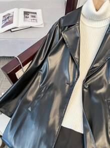 SHEIN Serisse Kids 青少年女孩纯黑色宽松休闲舒适缺口领超大长款 PU 皮革外套 - 黑色 - 查看 5