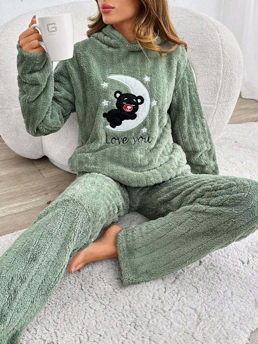 RueChic 2pcs Fuzzy Bear&Moon Embroidery With Hoodie Detail Homewear PJ Set - Green - View 1