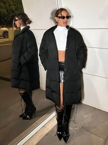 SHEIN ICON 女士休闲保暖纽扣式长袖立领长款夹棉外套（秋季） - 黑色 - 查看 5