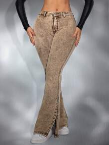 SHEIN SXY Vaqueros ajustados con pierna acampanada, con dobladillo deshilachado y rasgado, a la moda