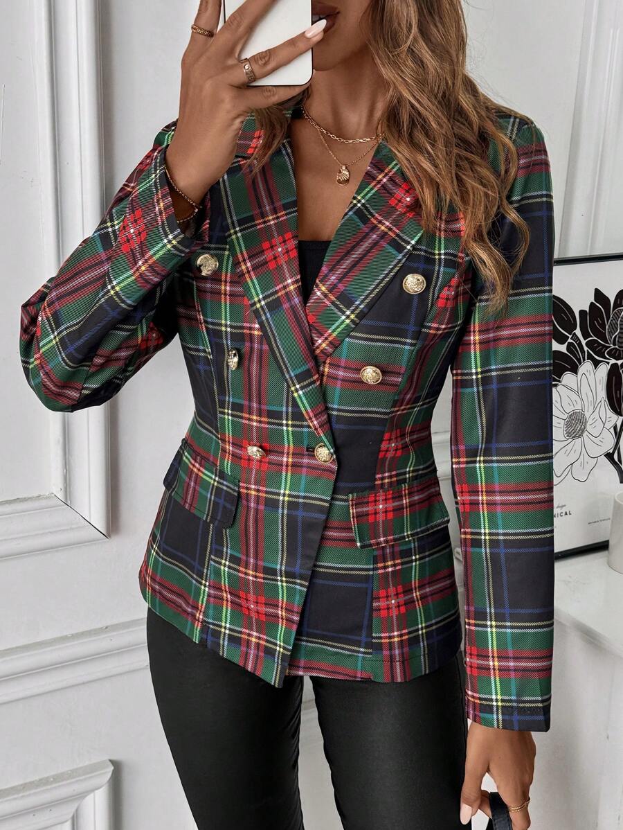 SHEIN Clasi Women's Plaid Lapel Long Sleeve Blazer Jacket Fall Cloth For Women