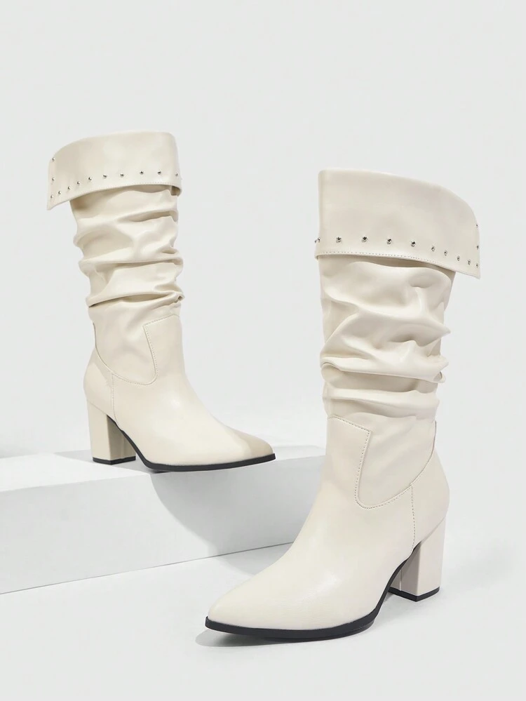 CUCCOO SZL Pointed Toe Block Heel Slip-On Sexy Leather Ankle Boot, Pleated Knee High Boot For Women, Fall/Winter For Christmas And New Year Holiday