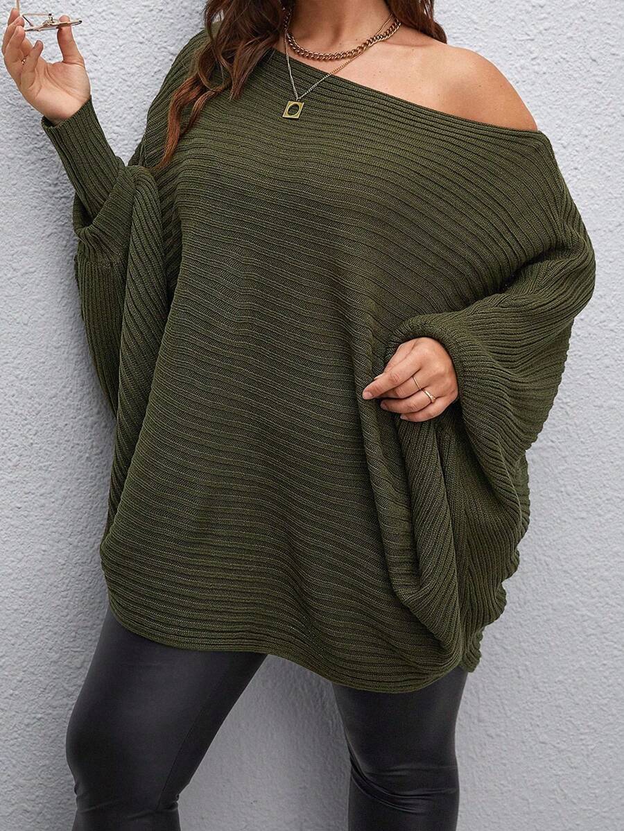 SHEIN CURVE+ Áo len chui đầu dáng rộng, màu trơn, không đối xứng, tay cánh dơi, kiểu dáng tối giản, thích hợp mặc mùa thu đông. - xanh quân đội - Xem 1
