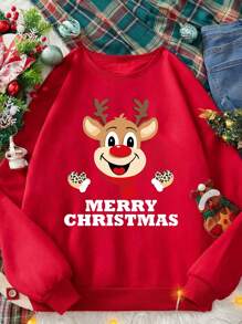 Tween Girl Crew Neck Sweatshirt With Cute Christmas Leopard & Deer Graphic Print, Cozy And Comfortable