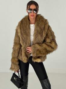 Aloruh Brown Fluffy Short Jacket Warm Coat For Young Women, Y2K Style