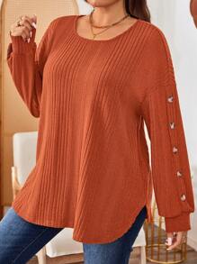 SHEIN LUNE Camiseta casual de manga larga, cuello redondo, suelta y acanalada con decoración de botones para mujer de talla grande, conjunto ideal para el Día de Acción de Gracias y días festivos