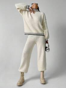 Chiquease Women High Neck Slouchy Knit Top And Elastic Waist Ankle Pants 2 Pieces Set Fall Cloth For Women - Beige - View 3