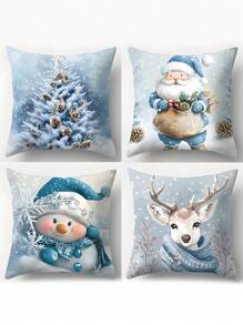 现代圣诞抱枕套 4 件套 - 涤纶编织拉链封口装饰枕套，仅可手洗，饰有圣诞老人、雪人、熊和鹿 - 非常适合客厅和节日装饰，17.72 X 17.72 英寸 - 不含枕芯