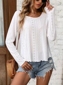 SHEIN LUNE Solid Color Round Neck Hollow Embroidery Casual Long Sleeve T-Shirt - White - View 3
