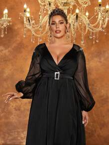 SHEIN Belle Plus Size Black Handmade Embroidered 3D Pearls Satin & Denim A-Line Slit Elegant Formal Evening Gown, Long Sleeve Prom Dress, For Wedding Guest, Graduation, Dinner