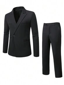 Manfinity Mode 大码男士纯色翻领长袖单排扣西装外套和裤子套装，秋季商务休闲装 - 黑色 - 查看 1