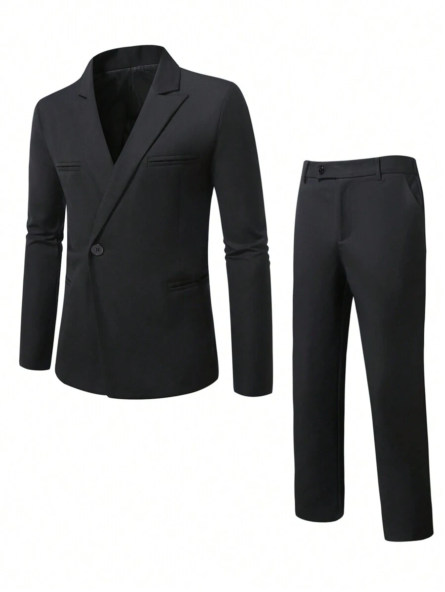 Manfinity Mode 大码男士纯色翻领长袖单排扣西装外套和裤子套装，秋季商务休闲装 - 黑色 - 查看 1