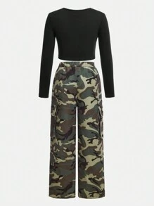 SHEIN 2 Stücke/Set Tween Mädchen Legeres Figurbetontes Crew-Neck T-Shirt mit Tunnelzug und Utility Hose, bequem und modisch