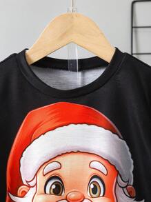 Young Boy Santa Claus Print Short Sleeve T-Shirt And Shorts Set, Adding A Festive Joyful Mood To The Summer Outfit, For Christmas
