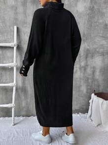 SHEIN VCAY Đầm dài tay cổ cao màu đen cỡ lớn cho nữ, giản dị và thoải mái, mùa thu/đông - màu đen - Xem 2