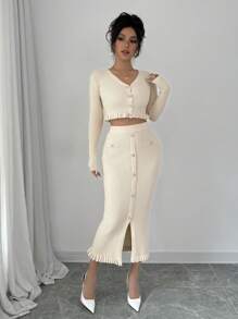 RosyDaze 2pcs/Set Casual Solid Color Cardigan And Knitted Skirt Set, For Spring & Fall - Apricot - View 3