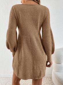 SHEIN Frenchy 休闲纯色灯笼袖针织毛衣裙，适合秋冬季 - 駝色 - 查看 2