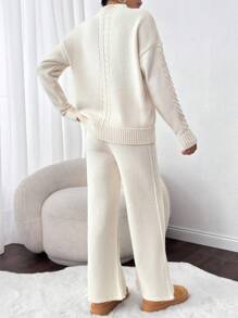 EURMUSE 2pcs/Set Women Solid Color Round Neck Long Sleeve Casual Knitted Top And Pants Set - Beige - View 2