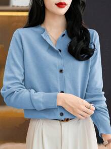 Chiquease 1 chiếc áo len cardigan trơn thường ngày cho nữ, đơn giản và thanh lịch, mùa thu/đông - Màu xanh lam - Xem 5