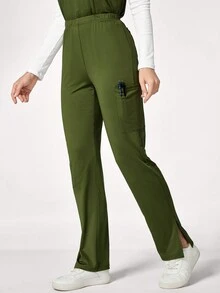 TaskEZ Bộ đồng phục tẩy tế bào chết 2 món cho nữ: Áo thun tay ngắn cổ chữ V trơn có túi và quần - Màu xanh Ô liu - Xem 10