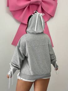 SHEIN SXY Plus Size Grey Hooded Sweatshirt With Bow Tie Decor, Fall/Winter - Grey - View 2