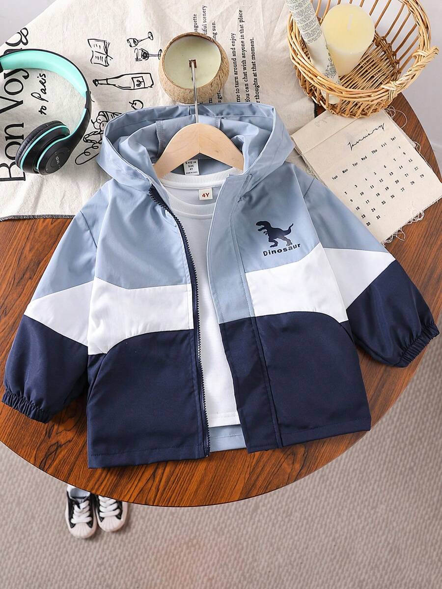 SHEIN 1 pieza Chaqueta cortaviento con capucha de estilo coreano casual y linda con bloqueo de color y estampado de animales de dibujos animados, adecuada para uso diario, escuela, exterior, senderismo, viaje en otoño e invierno para niño joven - Multicolor - Ver 1