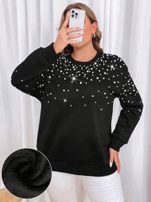 Calvaya Sudadera con cuello redondo de talla grande con decoración de perlas hecha a mano