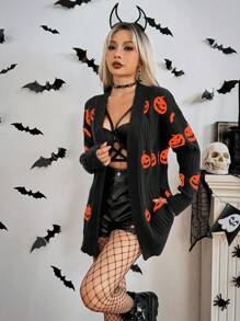 Chiquease 骷髅南瓜图案休闲前开长袖开衫，适合万圣节派对 - 黑色 - 查看 5