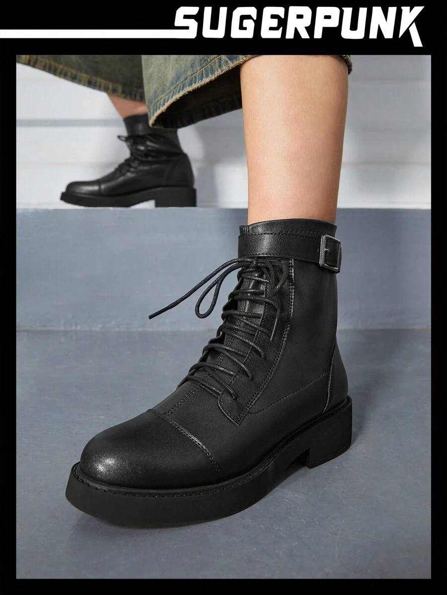 Sugerpunk 女士户外圆头厚底纽扣 PU 皮革时尚简约休闲/派对黑色短靴，后拉链秋季