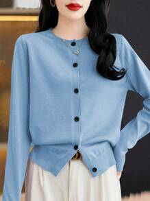 Chiquease 1 chiếc áo len cardigan trơn thường ngày cho nữ, đơn giản và thanh lịch, mùa thu/đông - Màu xanh lam - Xem 4