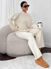 EURMUSE 2pcs/Set Women Solid Color Round Neck Long Sleeve Casual Knitted Top And Pants Set - Beige - View 4