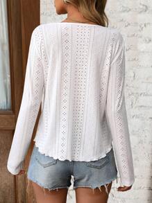SHEIN LUNE Solid Color Round Neck Hollow Embroidery Casual Long Sleeve T-Shirt - White - View 2