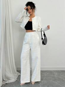 Rafferiza Women Versatile Commuter Round Neck Fashionable Golden Line Checked Fabric Button Decorated Short Cropped Long Sleeve Jacket & Straight Leg Pants White Suit Set Fall Cloth For Women - White - View 6