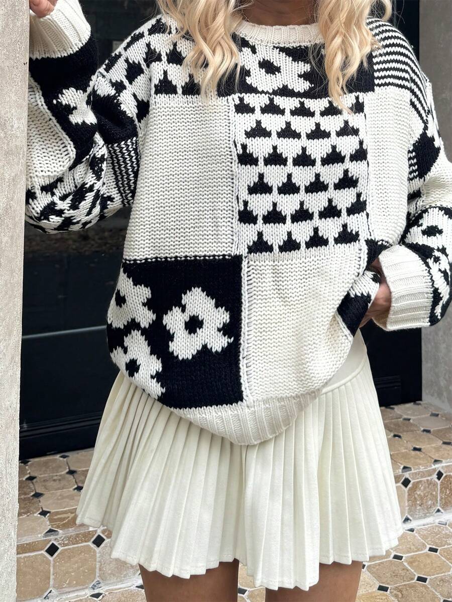 SHEIN Unity Oversized Fair Isle Pattern Crew Neck Loose Fit Knit Sweater For Women, Knit Pullover Fall Winter - Multicolor - View 1