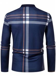Manfinity Homme Men Casual Business Plaid Button-Up Collar Long Sleeve Work Polo Shirt, Business Wear For Autumn, Boy Friend Gifts, For Husband