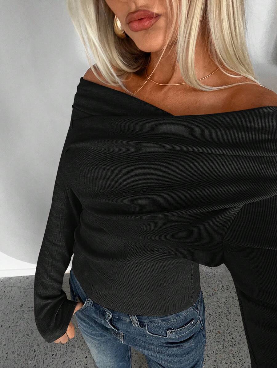 Aloruh 女士纯色垂坠修身长袖 T 恤，休闲百搭，秋冬 - 黑色 - 查看 1