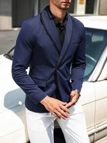 Manfinity Bizformal Men Solid Colored Double-Breasted Casual Long Sleeve Blazer - Navy Blue - View 5