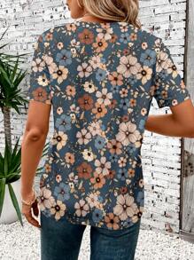 EMERY ROSE 女士休闲复古碎花圆领短袖T恤，适合夏季和秋季外出休闲穿着。 - 藍色 - 查看 2