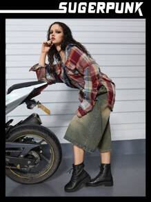 Sugerpunk 女士户外圆头厚底纽扣 PU 皮革时尚简约休闲/派对黑色短靴，后拉链秋季