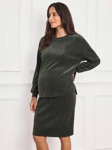 SHEIN Bộ 2 áo bầu cổ tròn trễ vai và chân váy bó sát eo có thể điều chỉnh màu trơn, Thu/Đông - xanh quân đội - Xem 2