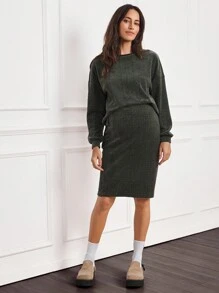 SHEIN Bộ 2 áo bầu cổ tròn trễ vai và chân váy bó sát eo có thể điều chỉnh màu trơn, Thu/Đông - xanh quân đội - Xem 8