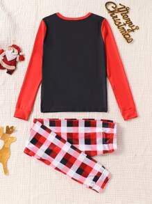 SHEIN 少女卡通淘气圣诞老人图案彩色上衣和格子裤休闲家居服套装，贴身合体，适合圣诞节 - 彩色 - 查看 7