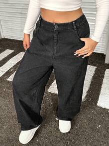 SHEIN EZwear Plus Size Black Distressed Wide-Leg Pants