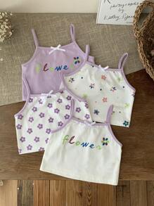 SHEIN Conjunto de 4 piezas de top corto de camisola acanalado con estampado floral y de letras para niña joven, con tirantes ajustables, en tonos morados