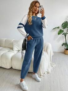 SHEIN LUNE Bộ 2 quần nỉ và áo len chắp vá màu tương phản thường ngày cho nữ, Thu/Đông - Màu xanh bụi bặm - Xem 5