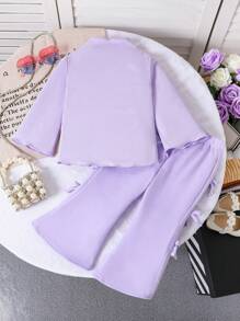 2 Stücke/Set Baby Mädchen Bequemes geripptes Sweatshirt und Schleifenakzent Rock Set, Herbst/Winter