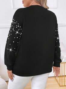 Calvaya Sudadera con cuello redondo de talla grande con decoración de perlas hecha a mano